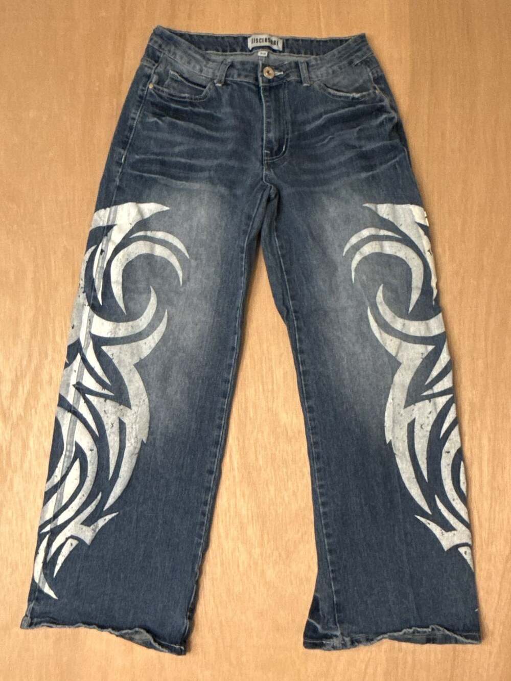 Disclosure Blue Denim Jeans with White Tribal Print Leg Design